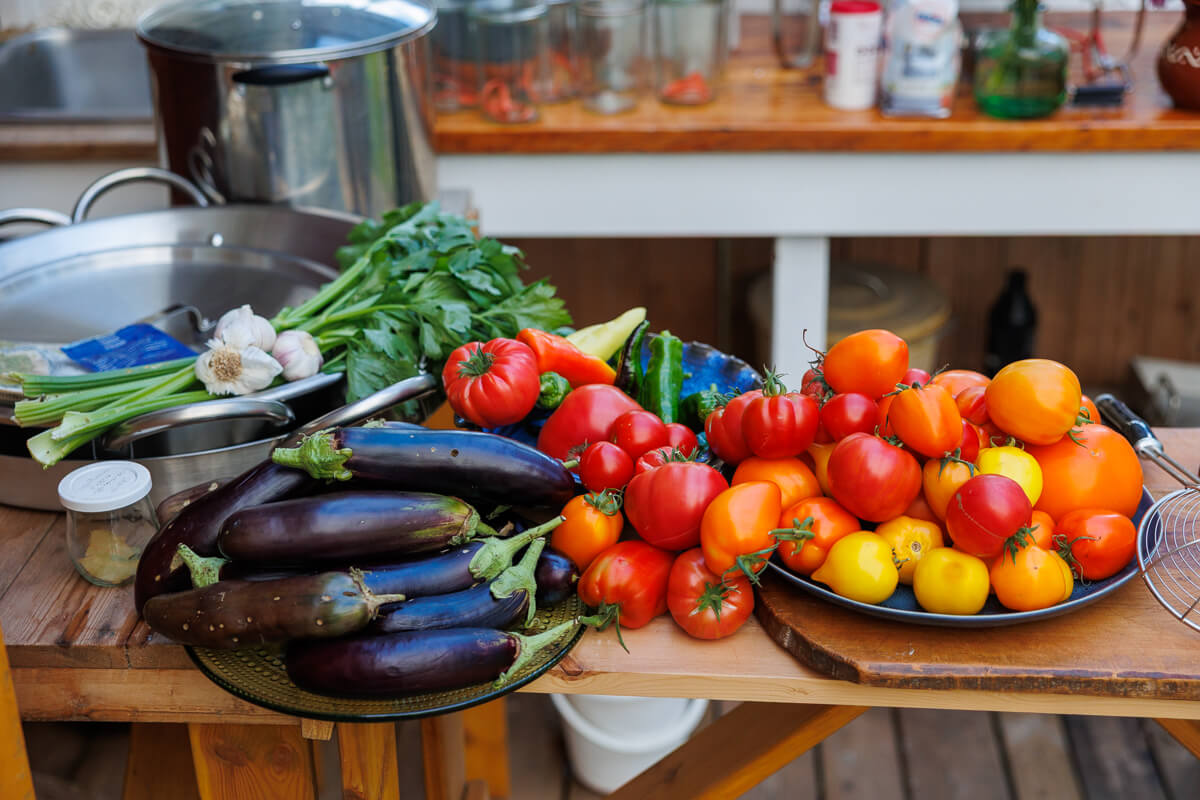 Förstorad bild: Skörd av tomater, aubergine, selleri och paprikor