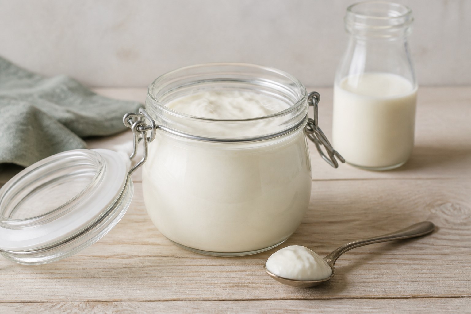Naturell yoghurt i glasburk på ett ljust träbord